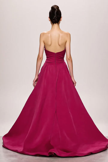 Fuchsia Satin A Line Ruched Strapless Long Evening Dress With Slit